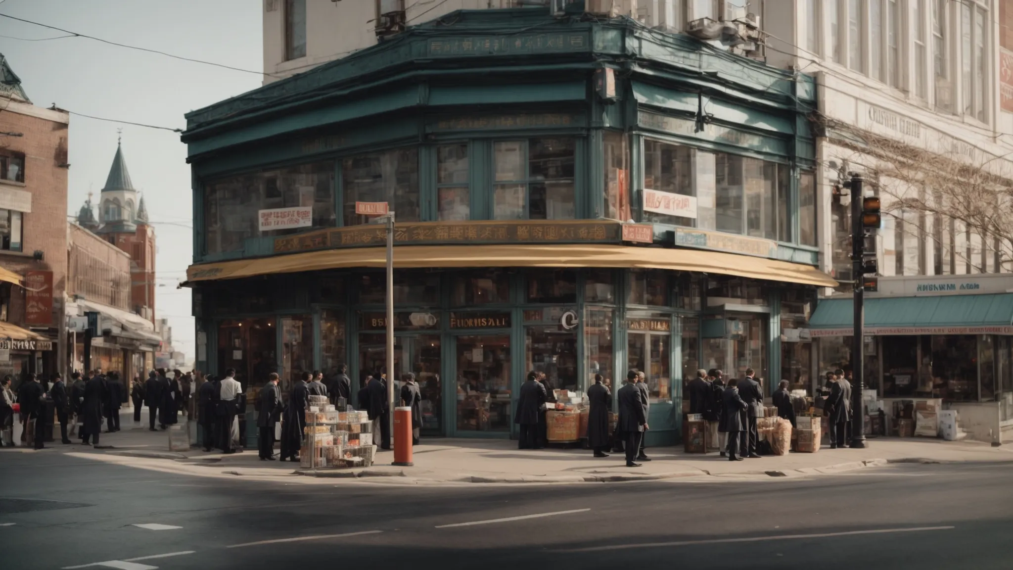 a bustling street corner with a clear view of a business storefront surrounded by local landmarks.