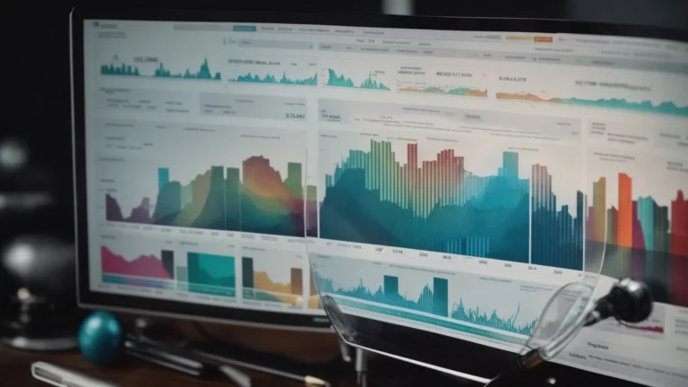 a computer screen displaying colorful charts and graphs related to website traffic and search engine rankings, with a magnifying glass focusing on a key section.