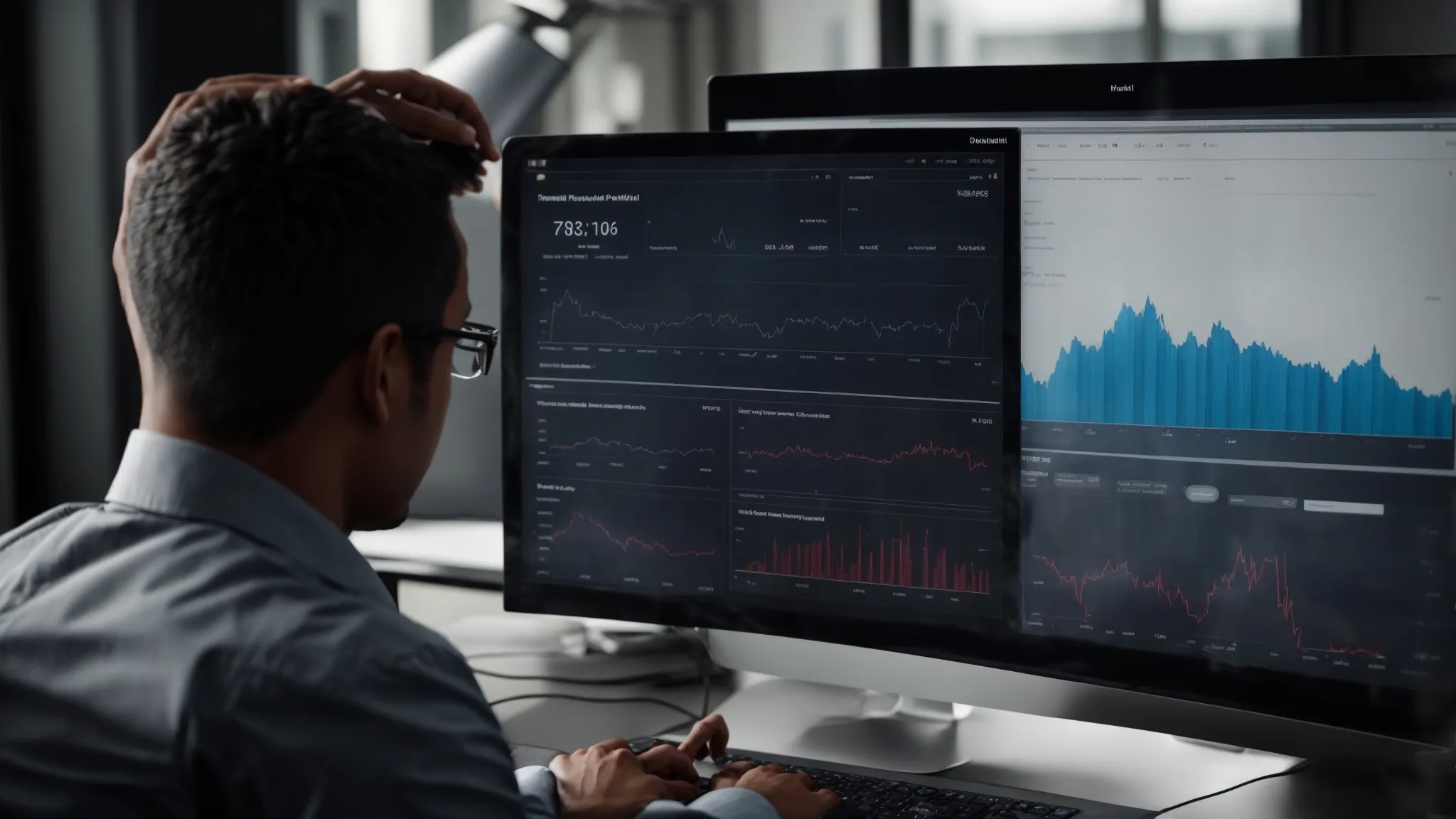 a person analyzing graphs and charts on a computer screen displaying website analytics.