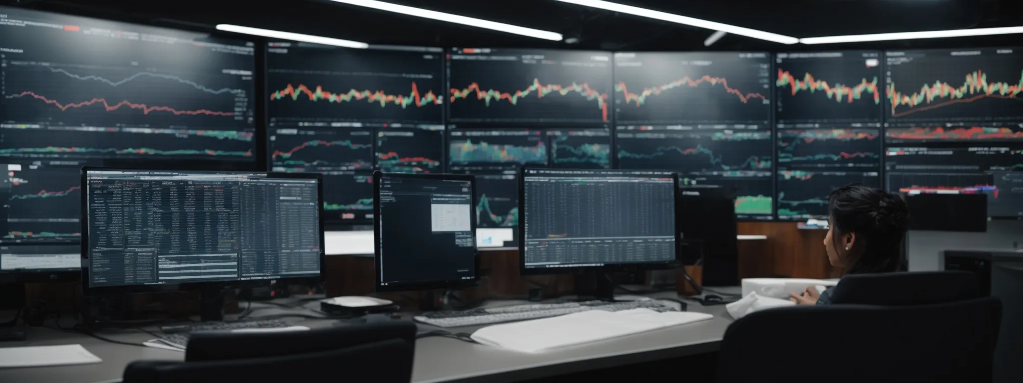 a dynamic tableau of market analytics displayed on a computer screen in a modern office setting.
