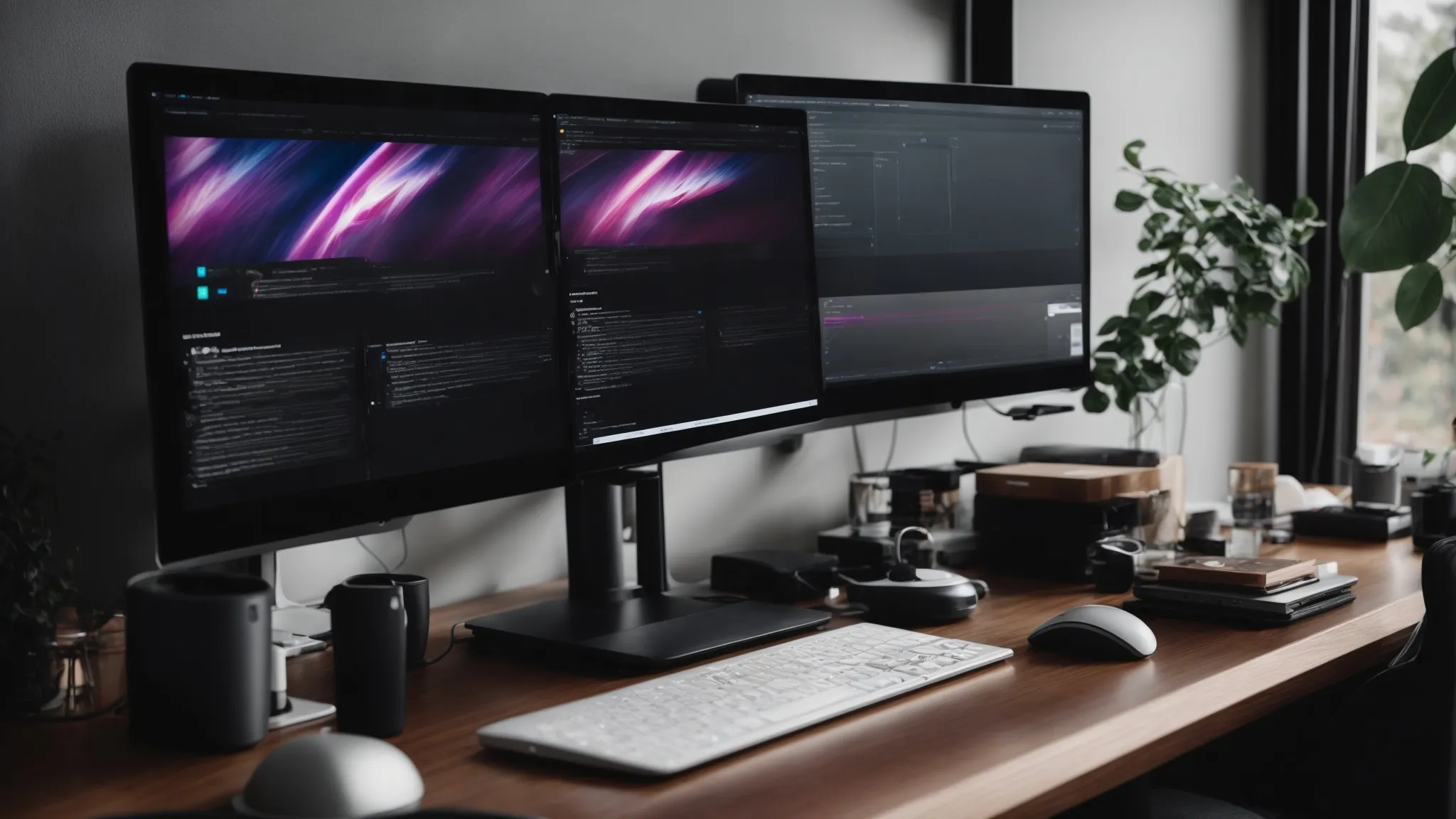 a seamless collaboration workspace with dual computer monitors displaying elementor and yoast seo interfaces side by side, highlighting social media strategy.