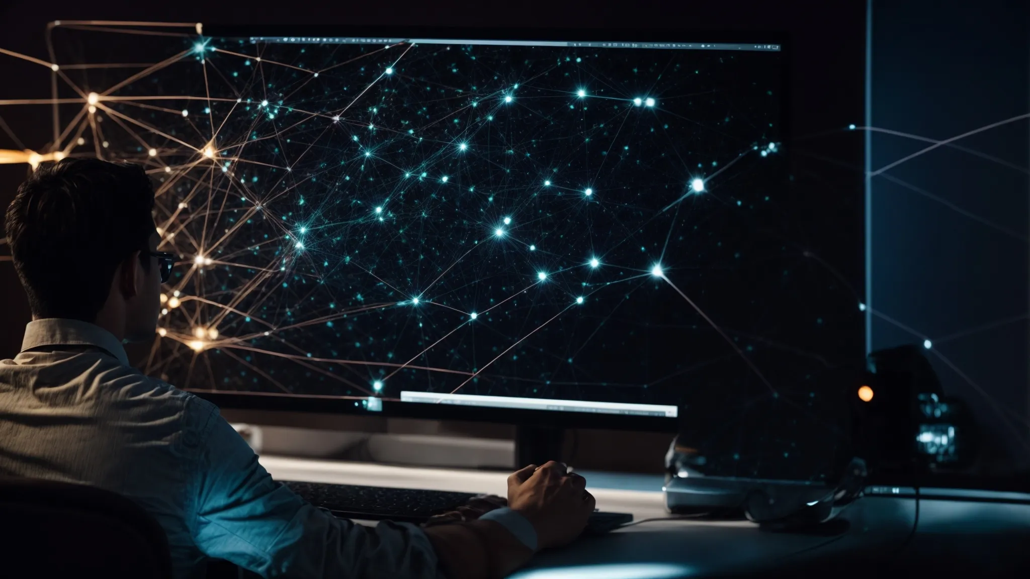 a professional at a computer analyzing a network of interconnected nodes representing website links.