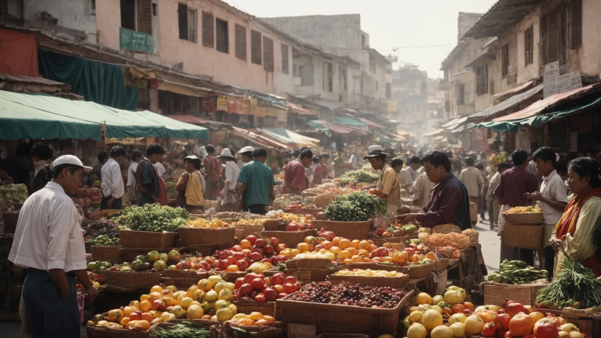 a street market bustling with local vendors showcasing a variety of regional produce and goods to the community.