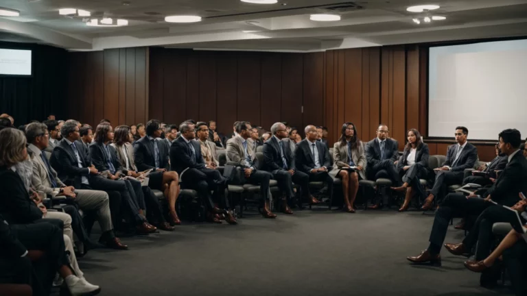 a panoramic view of a professional moderating a panel discussion with an audience reflecting a balance of opinions.