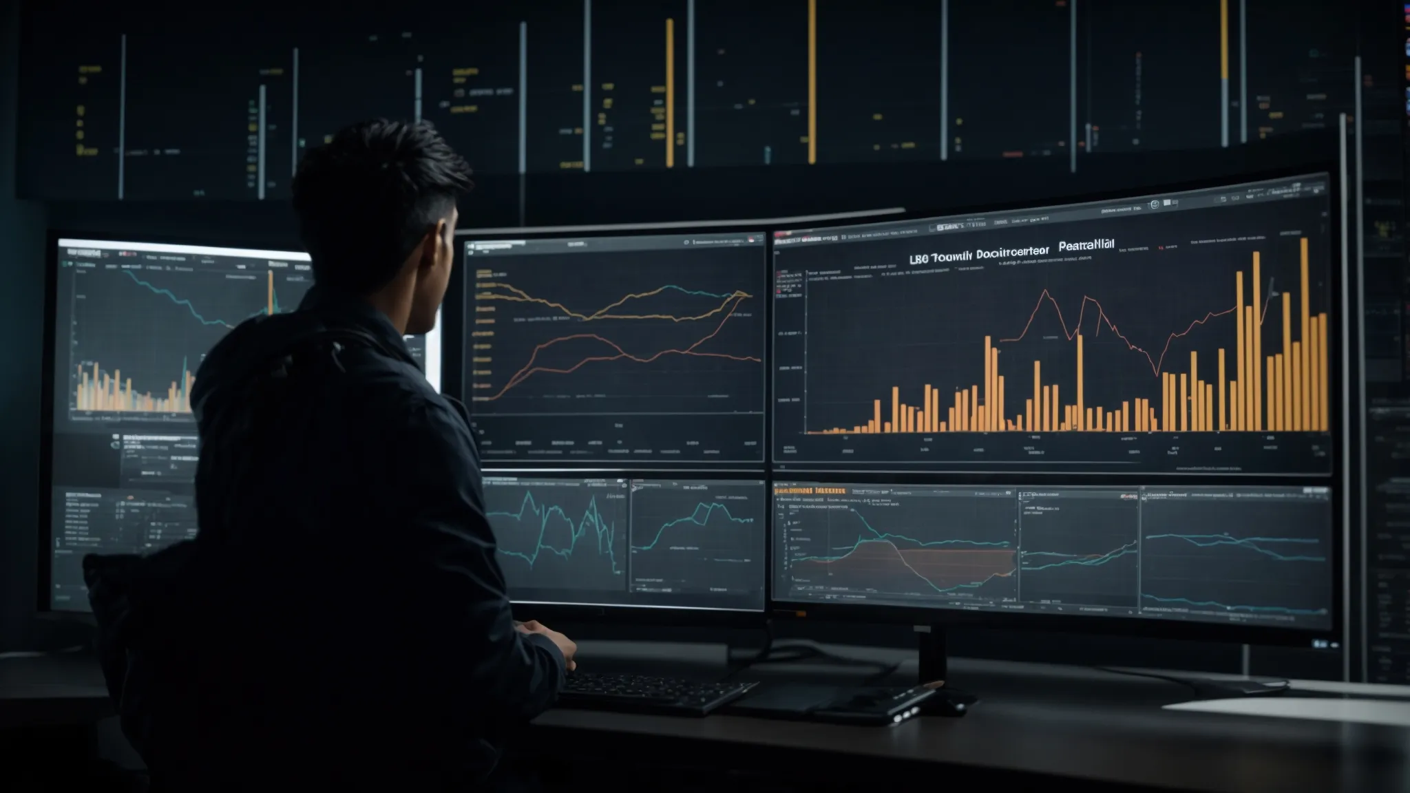 a person sitting in front of a large computer monitor displaying a complex data dashboard with trend graphs and analytics.