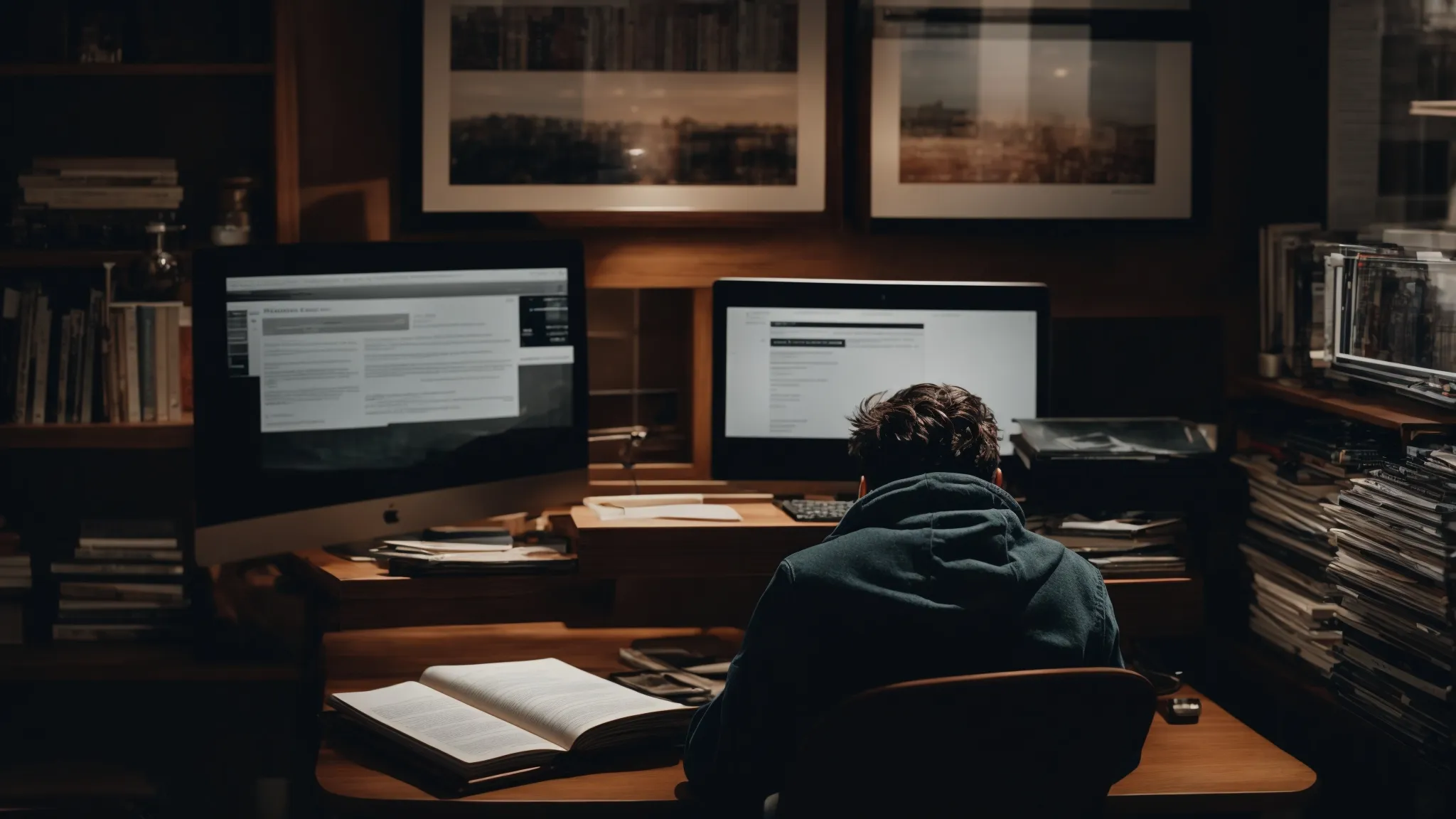 a person sitting at a desk with a computer, deeply focused on crafting an engaging article on their screen amidst a collection of seo strategy books.