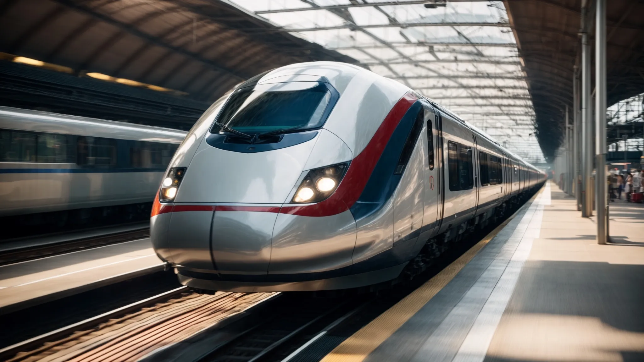a high-speed train blurs past the station, symbolizing rapid movement and efficiency.