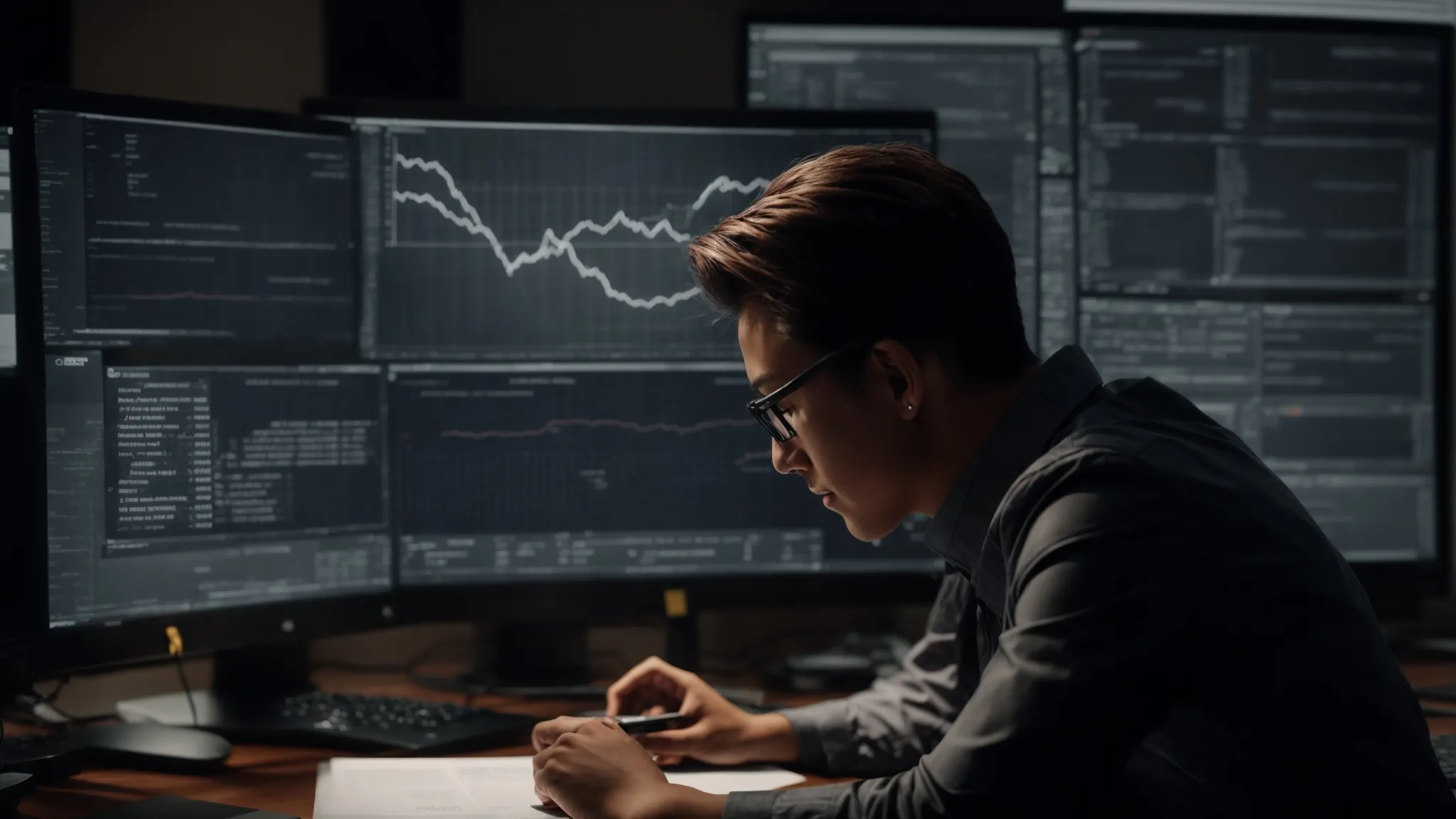 a person at a desk reviews an seo strategy plan on a computer with analytics graphs on the screen.