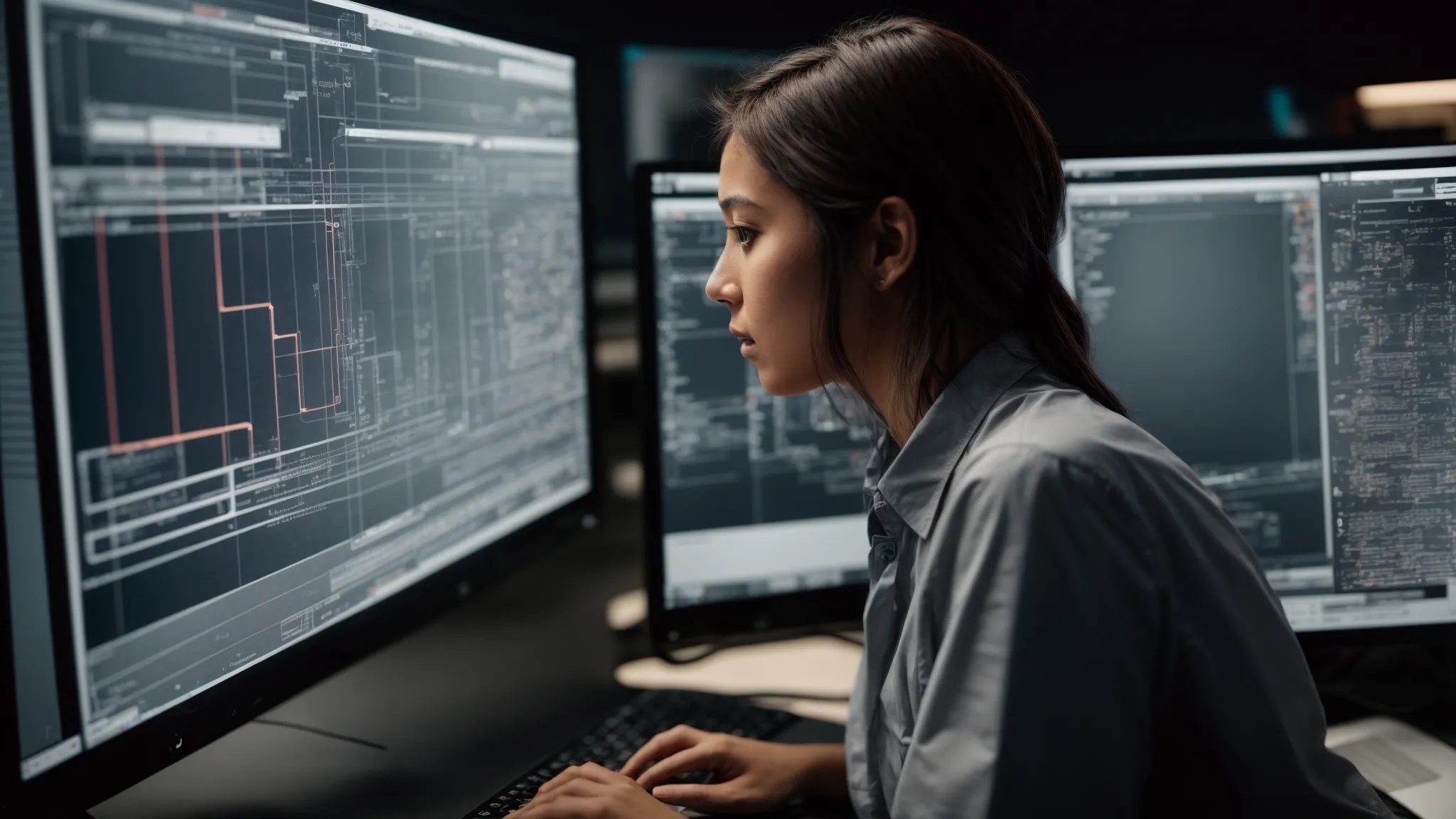 a web developer attentively reviews a complex site architecture diagram on her computer screen.