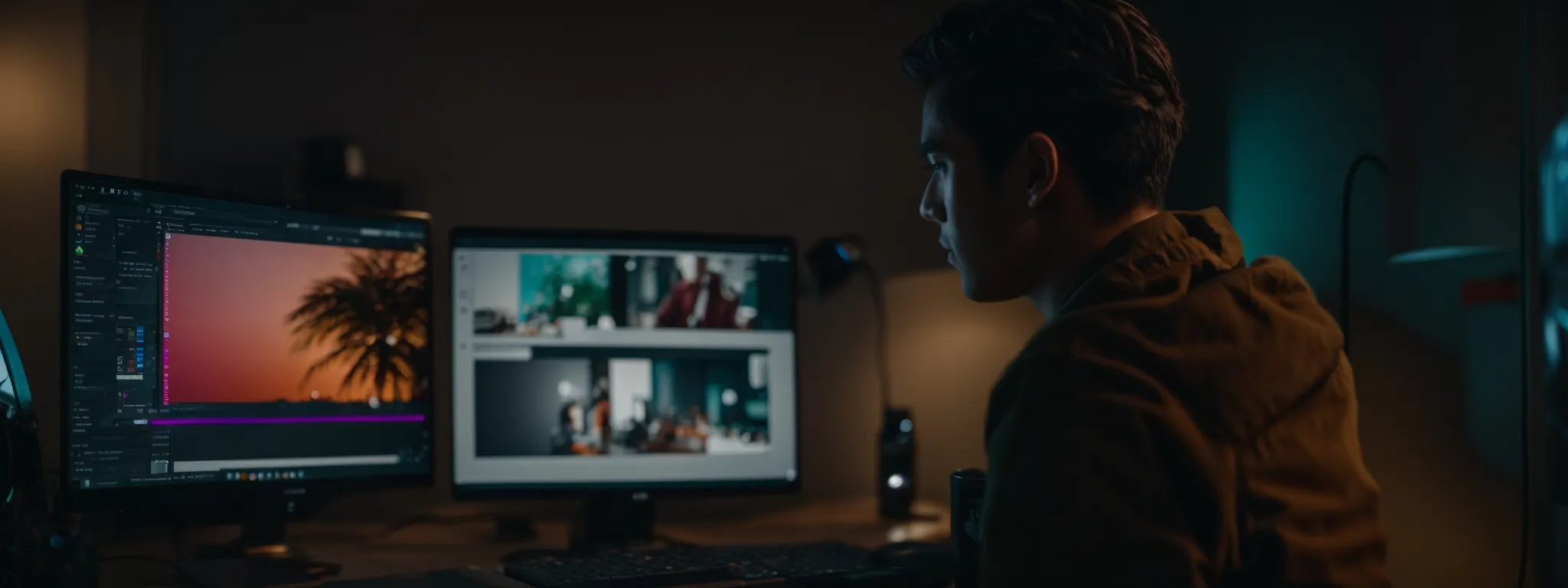 a youtuber intently decides on a vibrant, eye-catching thumbnail for their latest video on a computer screen.