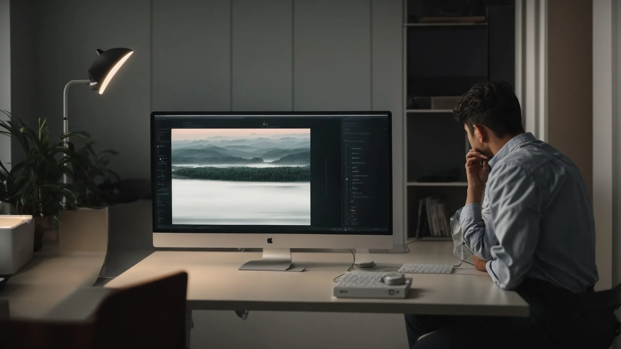 a person contemplatively interacts with a clear and inviting computer interface focused on a minimalist design.