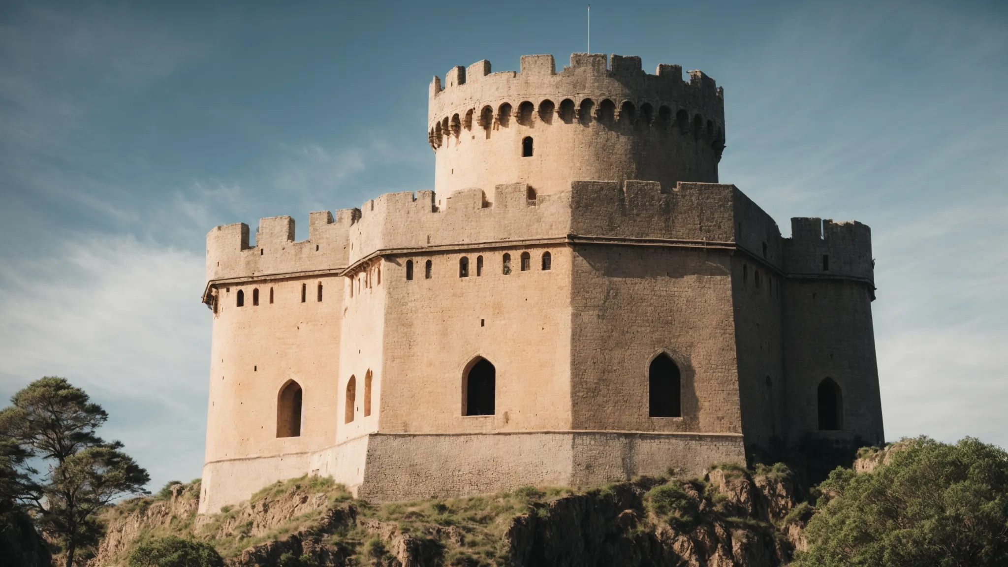 a fortress tower rising prominently against a clear sky, symbolizing strength and authority.