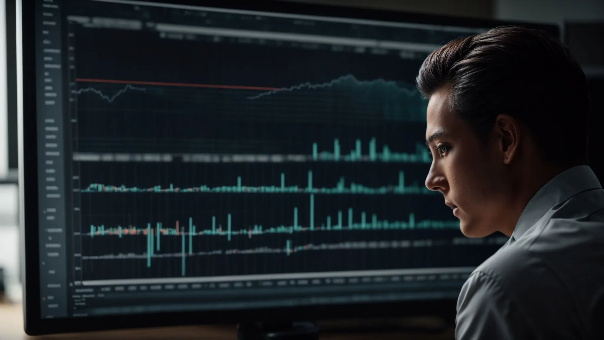 a focused individual analyzes data on a computer screen, formulating seo strategies.