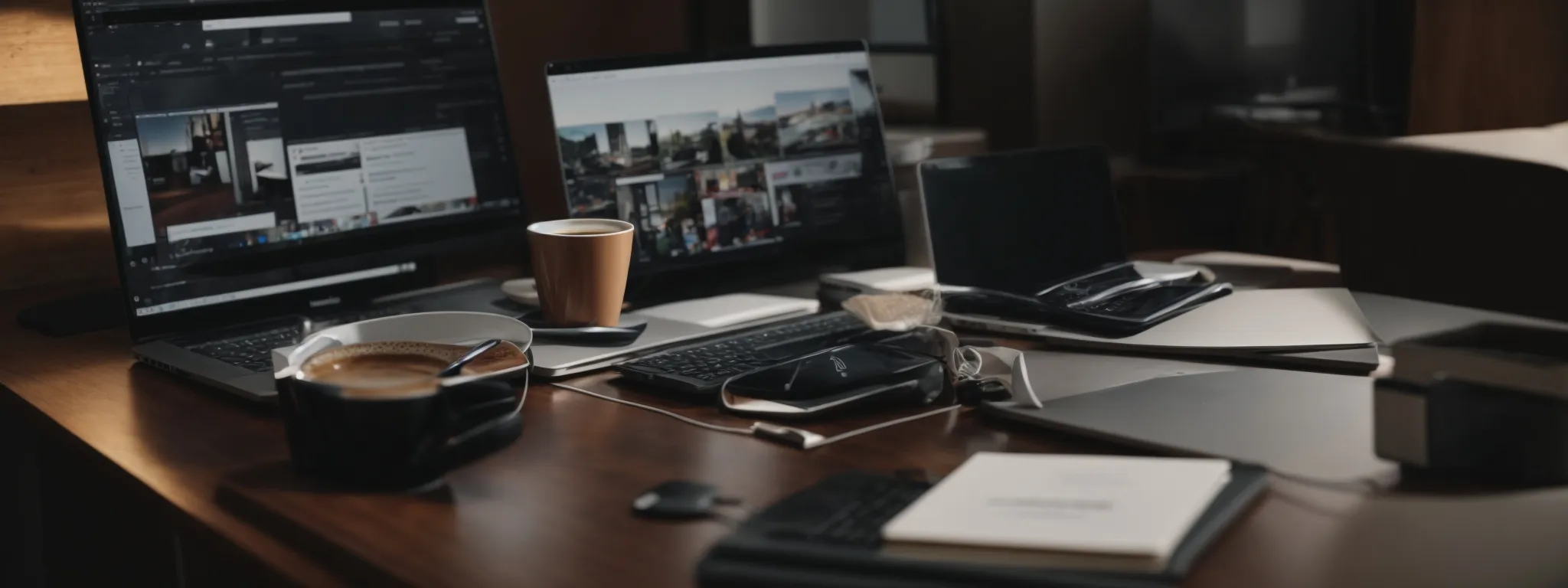 a person sitting at a desk with a laptop, notepad, and cup of coffee, deeply focused on optimizing their youtube channel's seo settings.