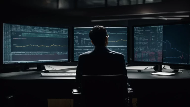 a professional sits before dual monitors displaying website code and performance analytics.