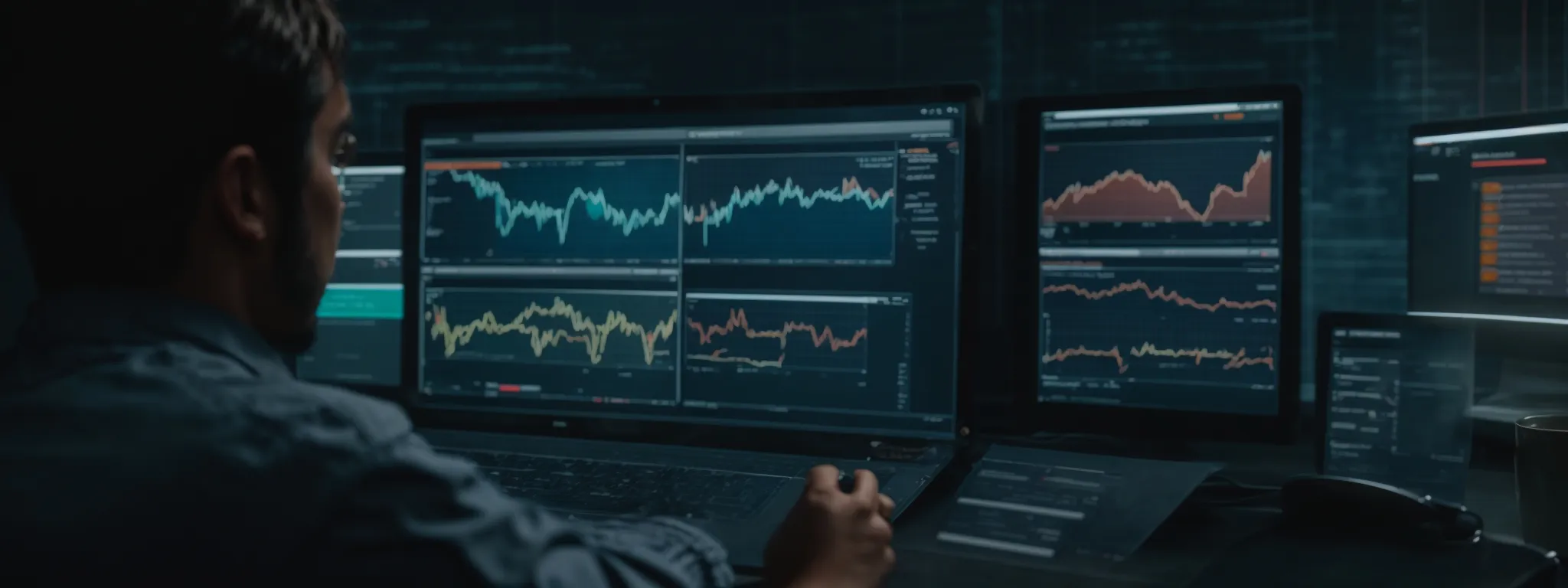 a webmaster attentively analyzes a dashboard display illustrating various website metrics and connections.
