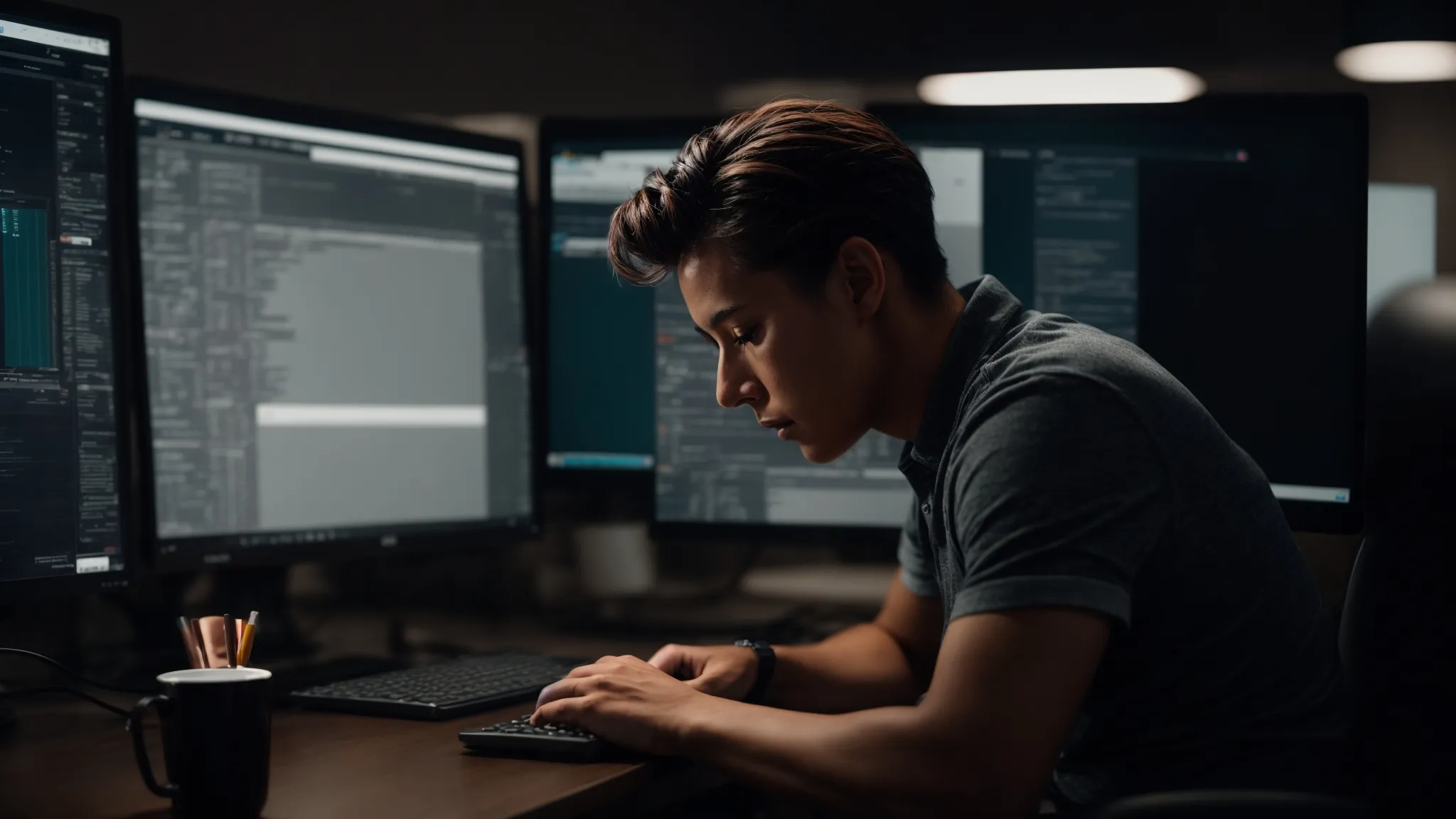 a focused individual seated at a computer, meticulously analyzing and selecting keywords for a website's seo strategy.