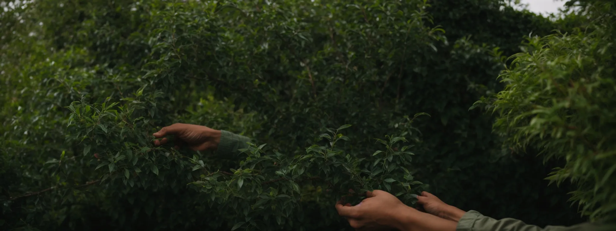 a gardener carefully trims branches from a lush bush, symbolizing strategic content refinement.