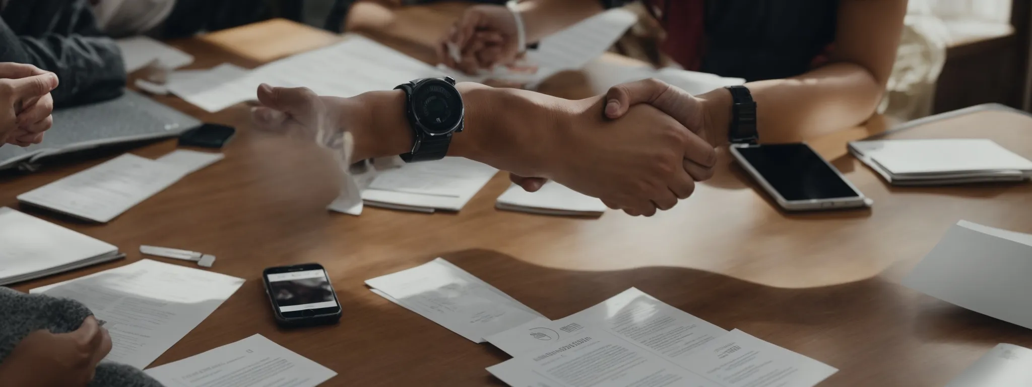 a webmaster shaking hands with a partner across a table strewn with digital marketing strategy documents, symbolizing a partnership in link building for off-page seo enhancement.