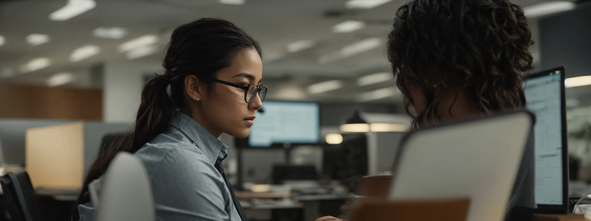 a focused individual intently types on a laptop in a well-lit office space, embodying the thoughtful process of creating attention-grabbing headlines.