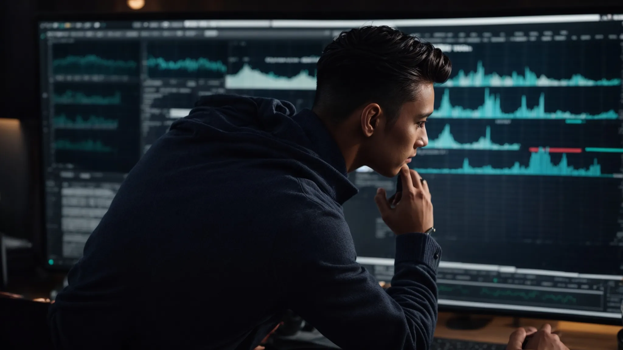 a professional marketer examines comprehensive analytics on a computer screen, adjusting strategies for optimal website performance.