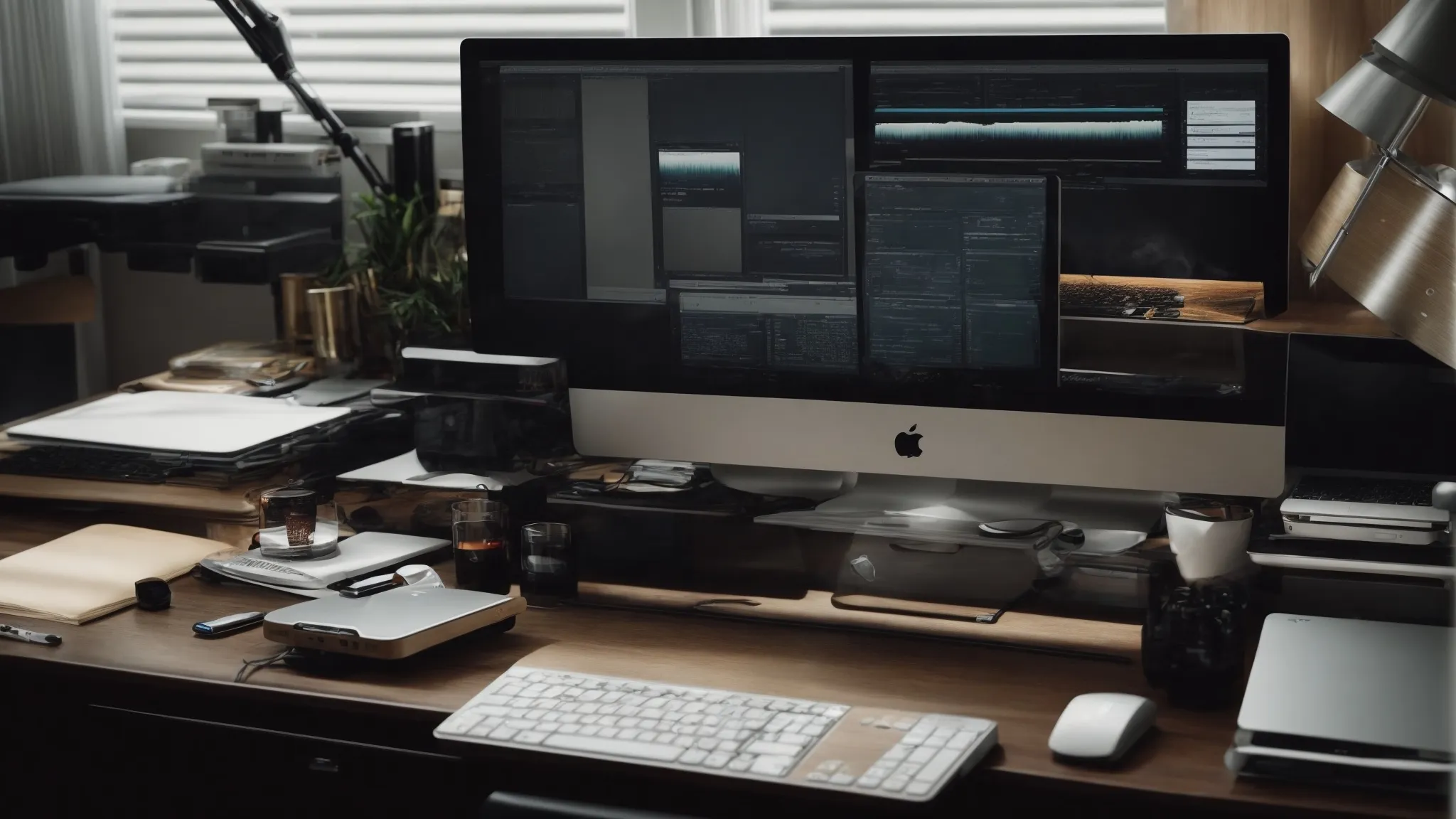 a bird's eye view of a well-organized, clutter-free workstation with a computer displaying a streamlined user interface.