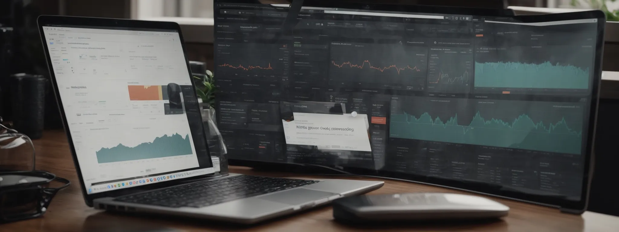 a laptop with an open cms dashboard displaying an analytics overview on the screen, surrounded by notes on seo strategies.
