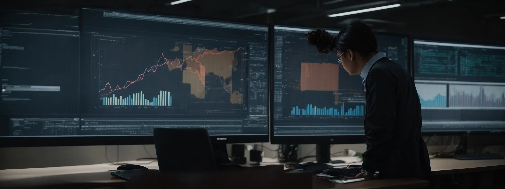 a person is seated at a modern office desk, intently viewing analytics on a computer screen with ai interface elements displayed, symbolizing data-driven content enhancement.