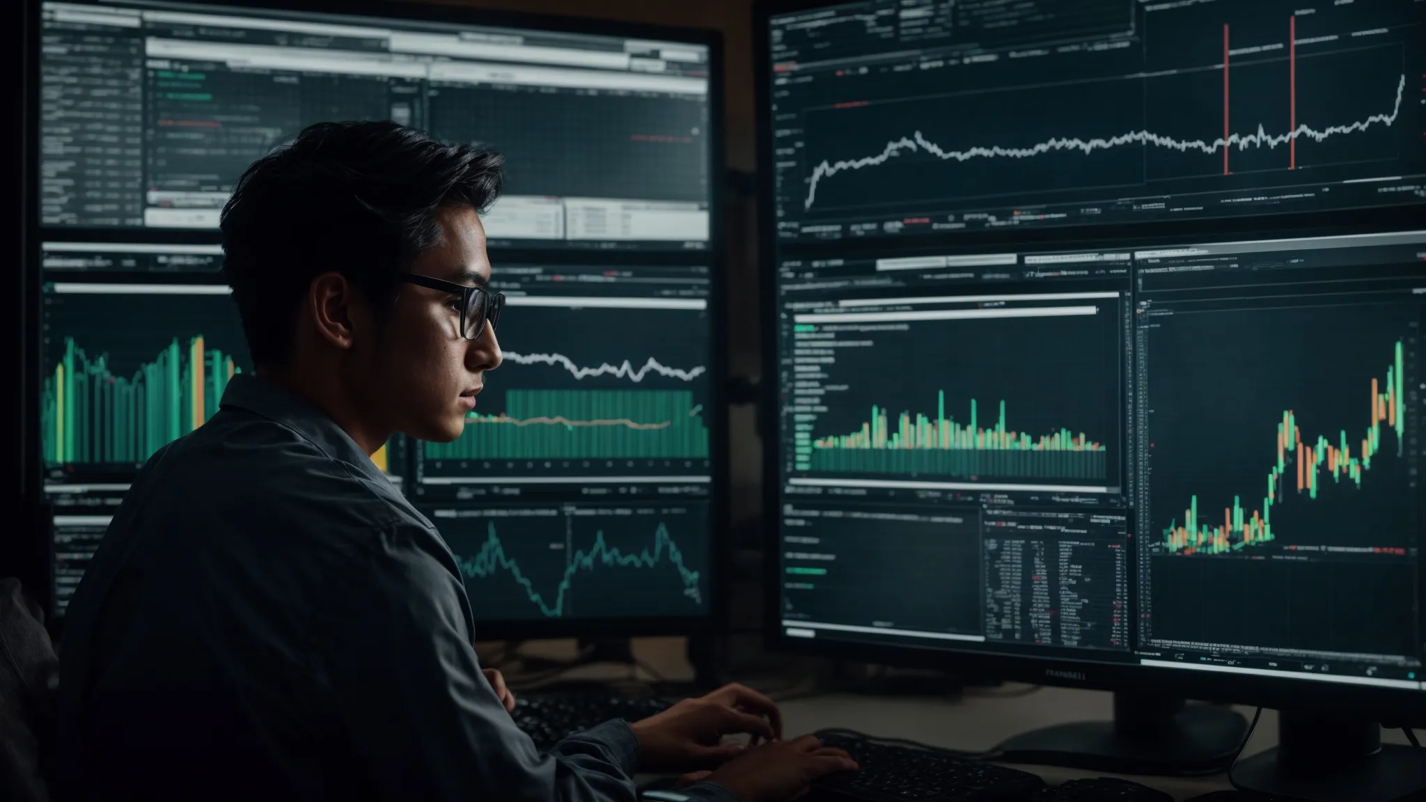 a person intently monitors complex analytics dashboards on a computer screen, reflecting the evaluation of seo strategies and their performance metrics.