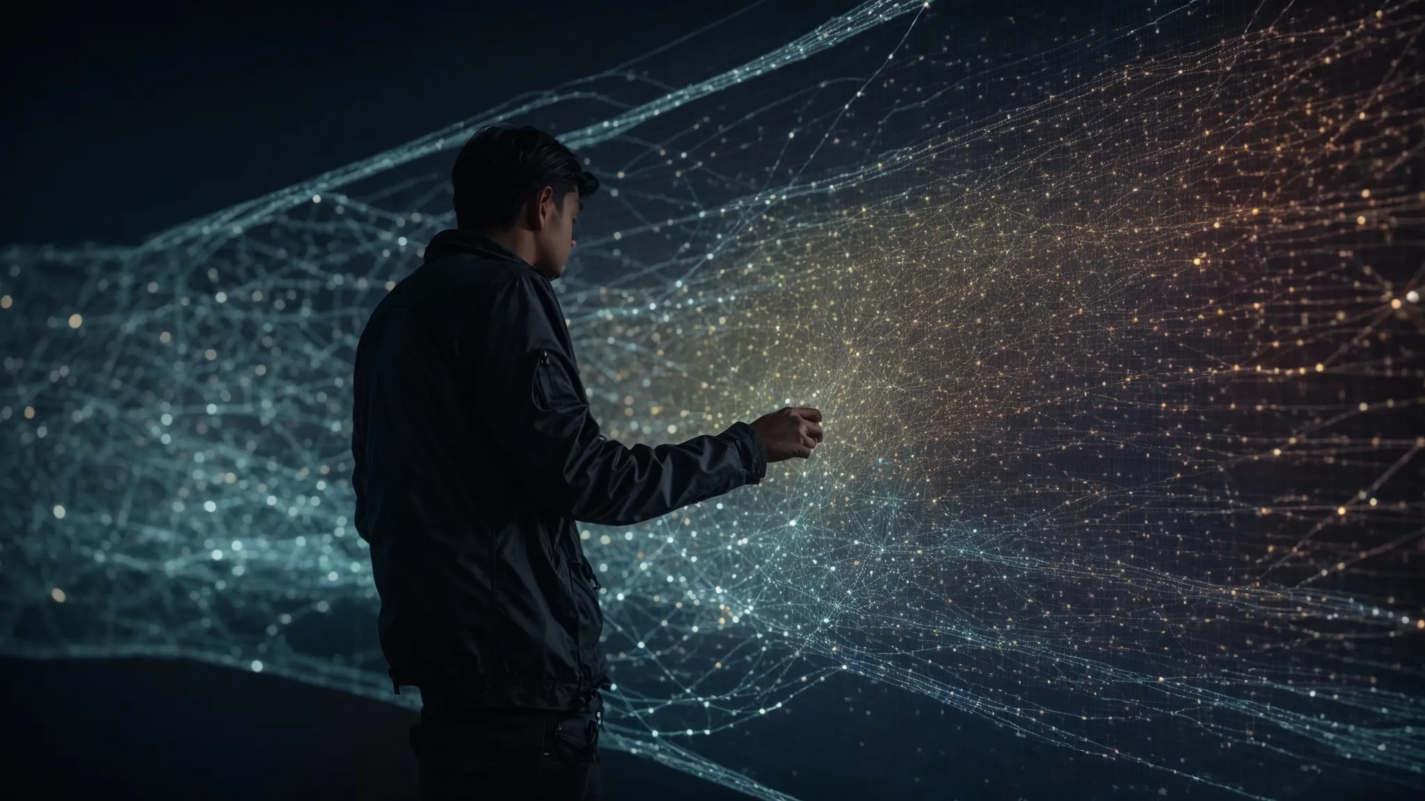 a webmaster connects nodes representing website pages on a digital screen illustrating a network of internal links.