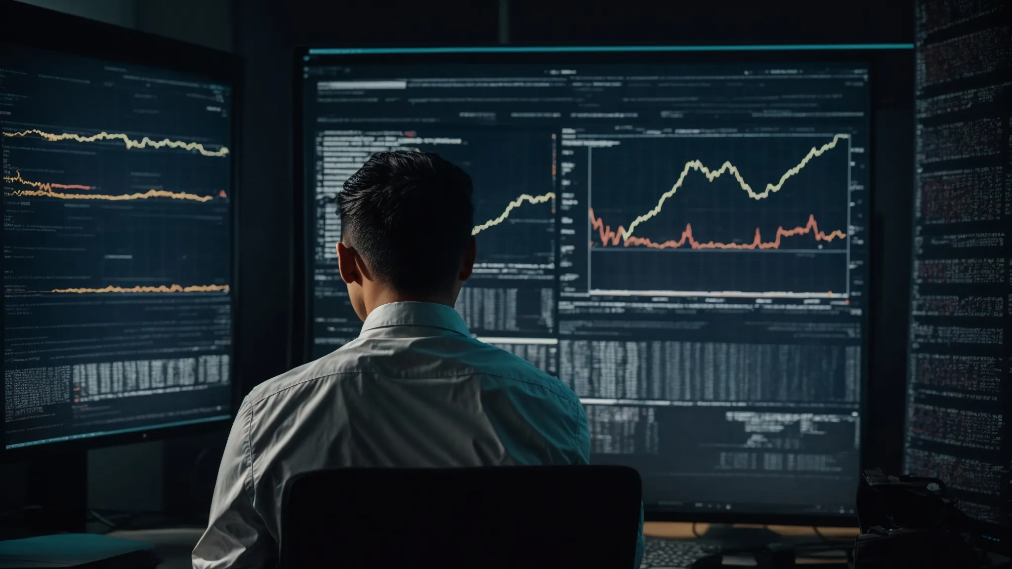 a person intently analyzing data on a computer screen, symbolizing the integration of readability analysis in seo tools.