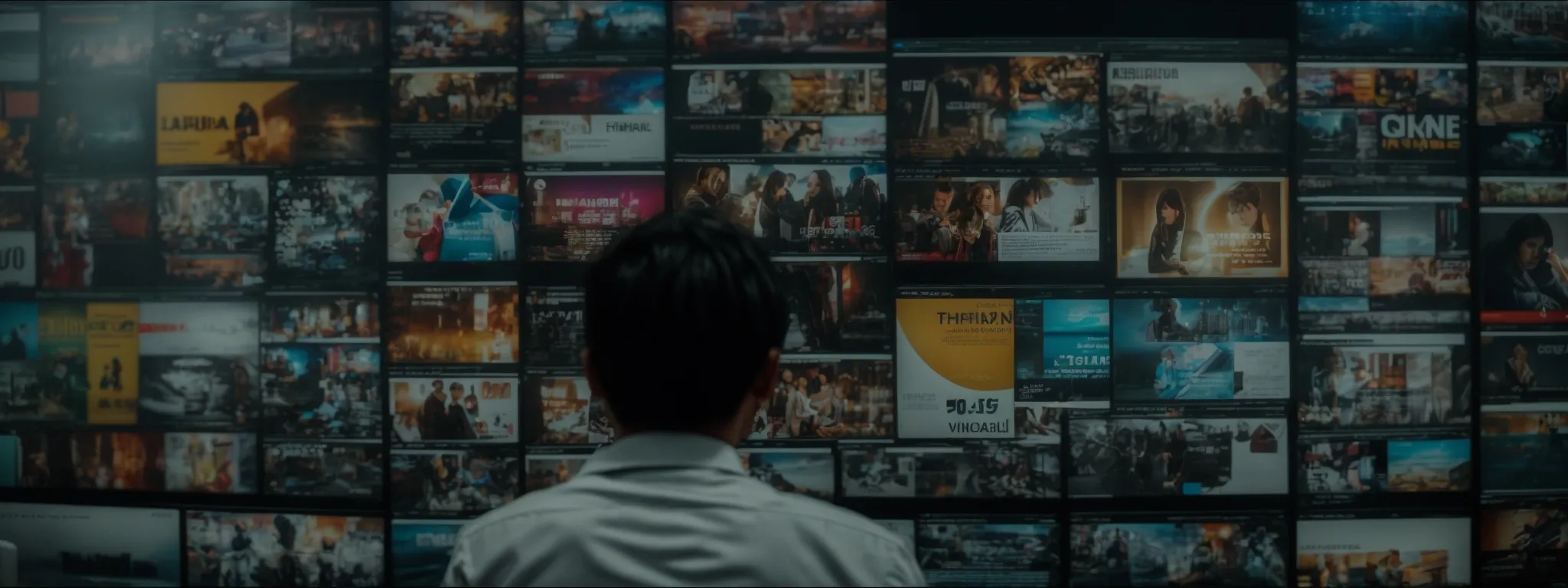 a person examines a bright computer screen displaying a variety of bold video titles.