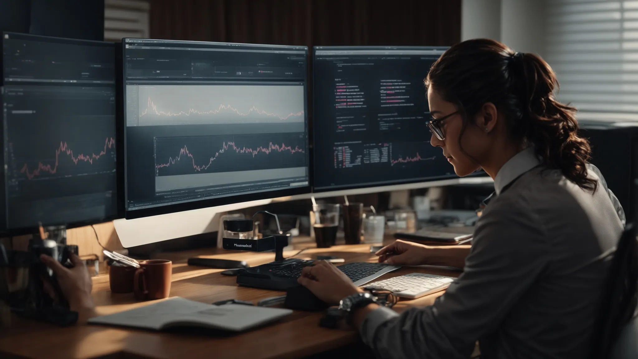 a person at a desk with dual monitors displaying analytics and social media platforms.