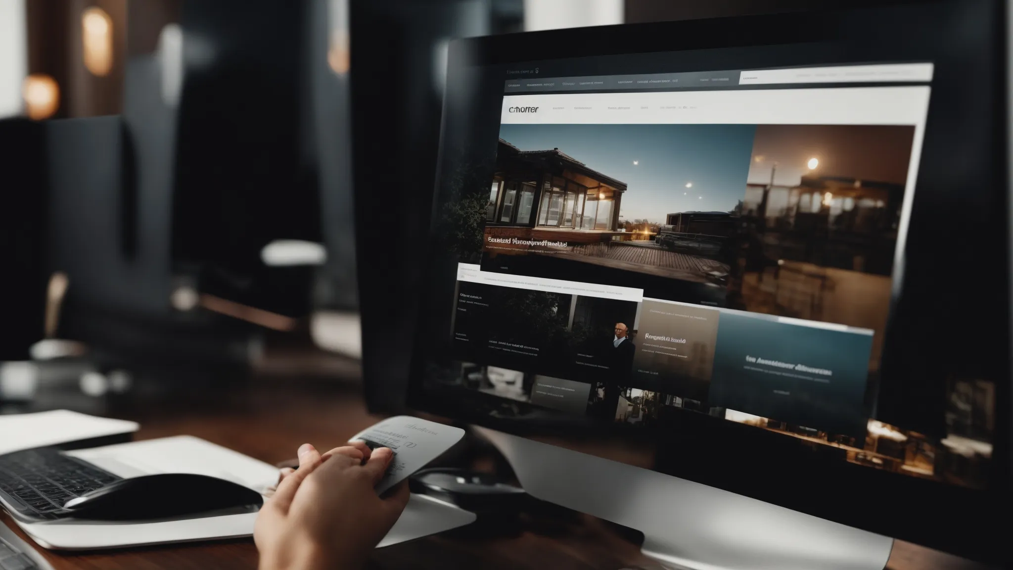a focused marketer adjusts elements on a computer screen displaying a sleek, modern website design.