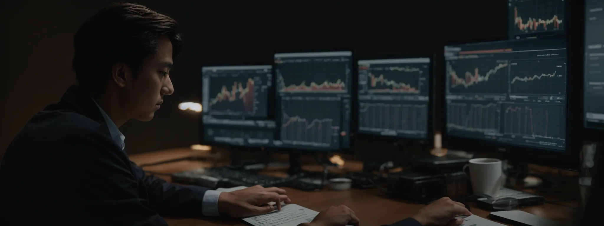 a person sits attentively at a computer, reviewing a website that displays financial graphs and health information.