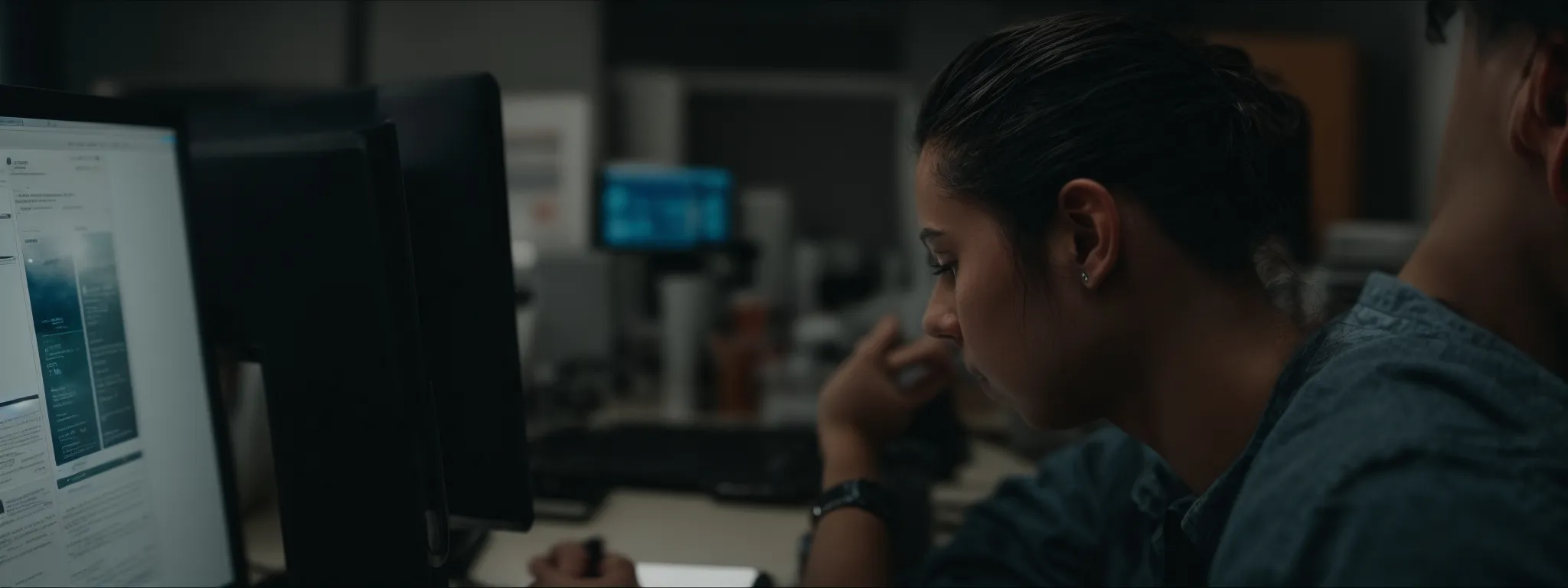 a focused individual scrutinizing content on a computer screen in a well-lit, orderly office environment.