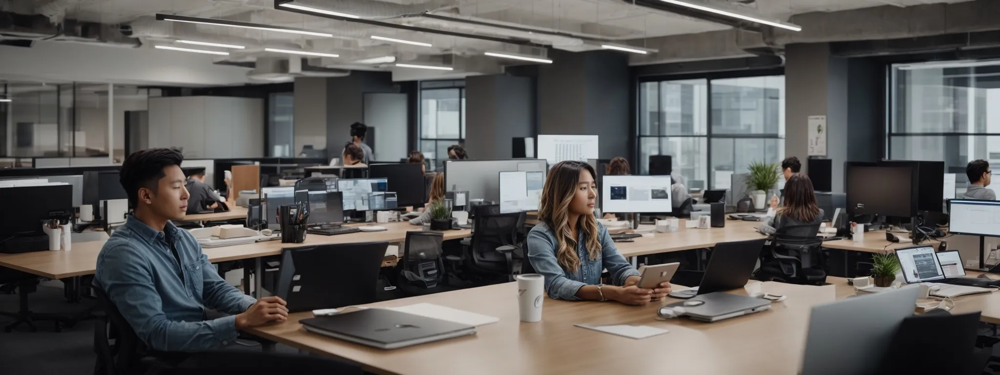 a modern office space with a diverse team engaging in seo and content strategy discussions around a large, clean table with computers and whiteboards.