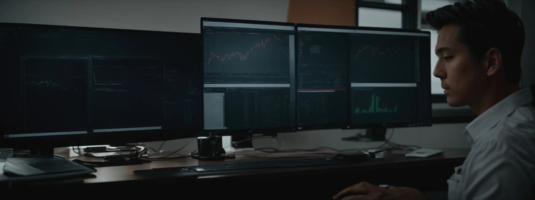 a professional at a desk analyzing detailed seo reports on a computer screen.