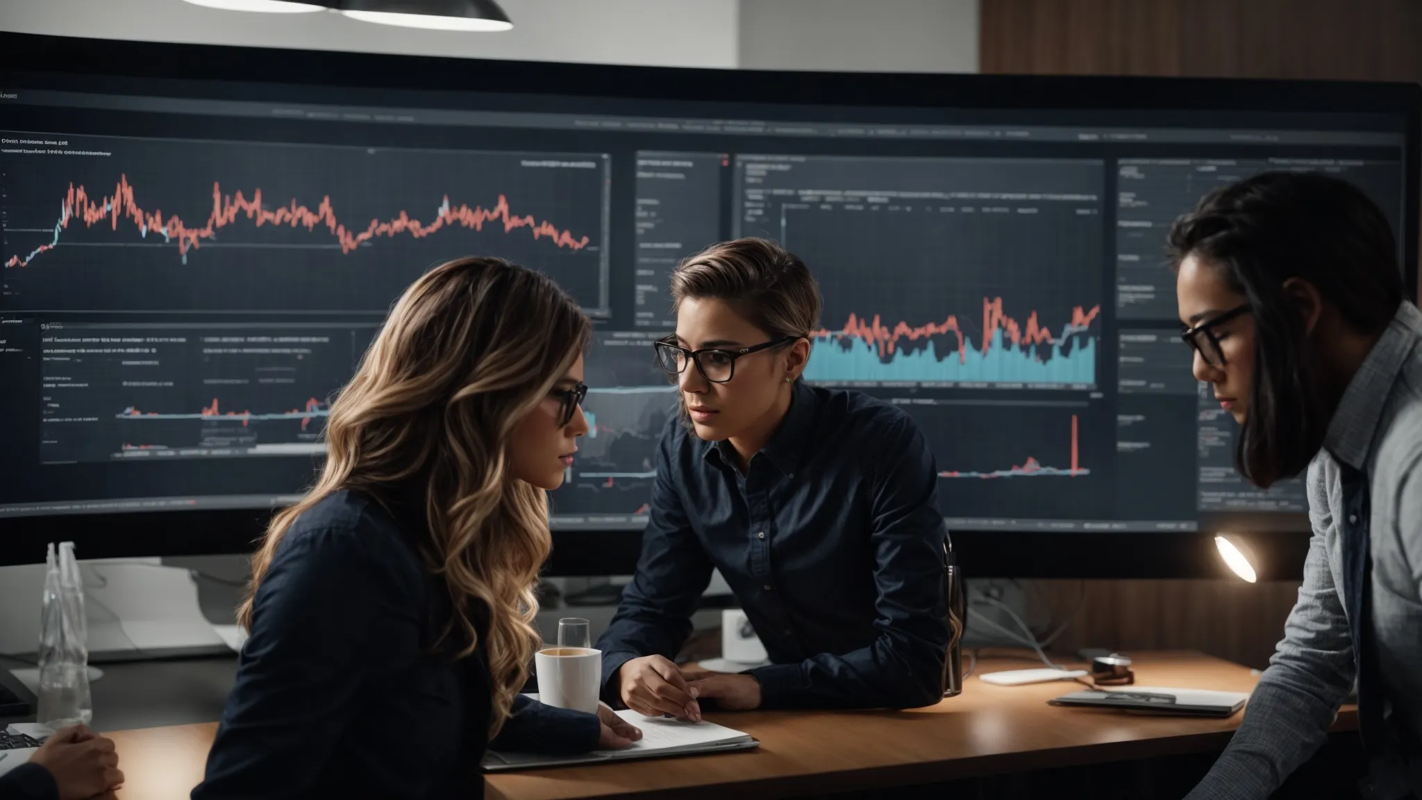 a marketing team intently studies graphs and charts on a large monitor, revealing visitor engagement trends on a website.