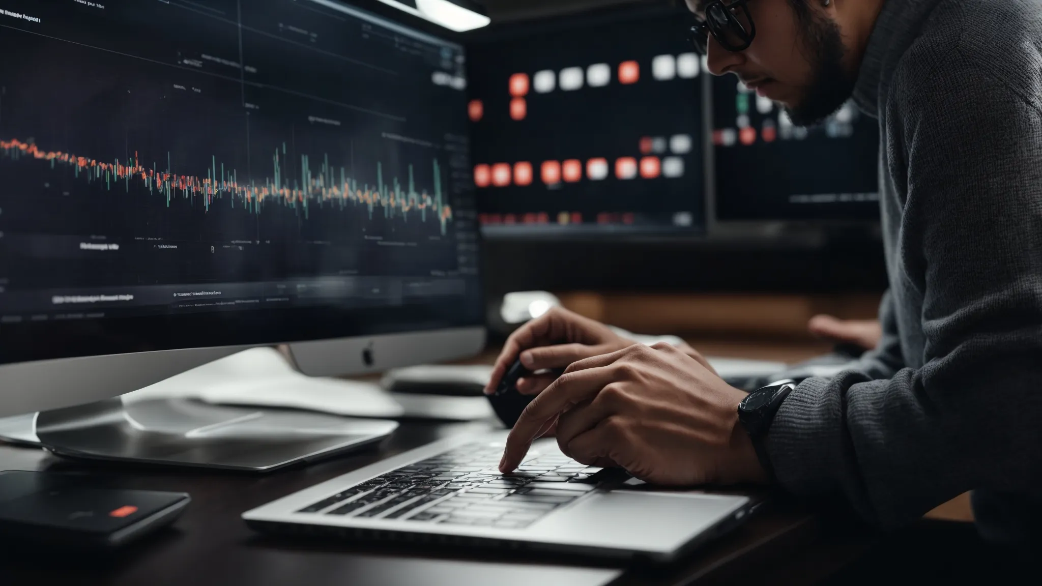 a marketer analyzes metrics on a computer dashboard, indicating performance and optimization of a digital landing page.