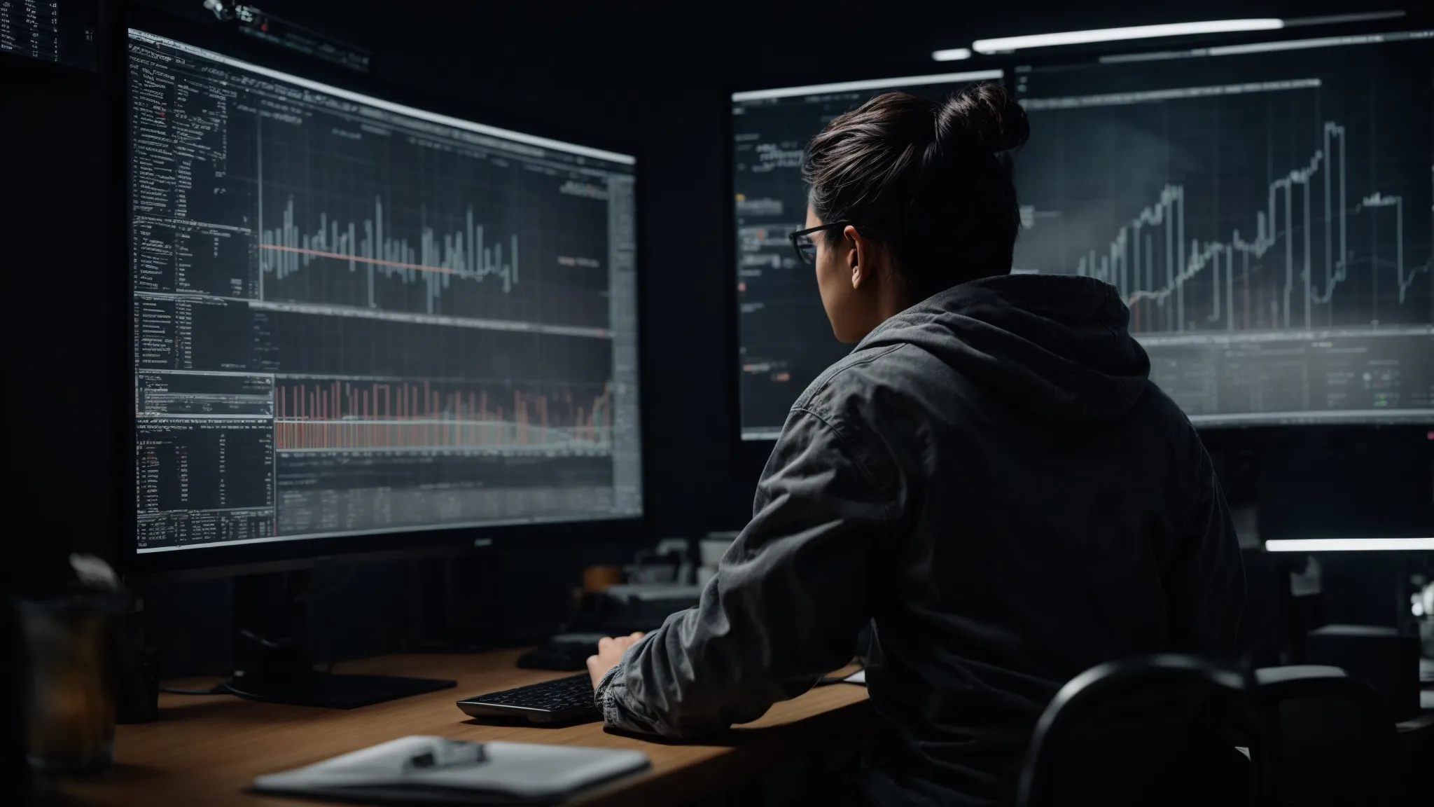 a person sits at a modern workspace with dual monitors displaying website code and seo analytics graphs.
