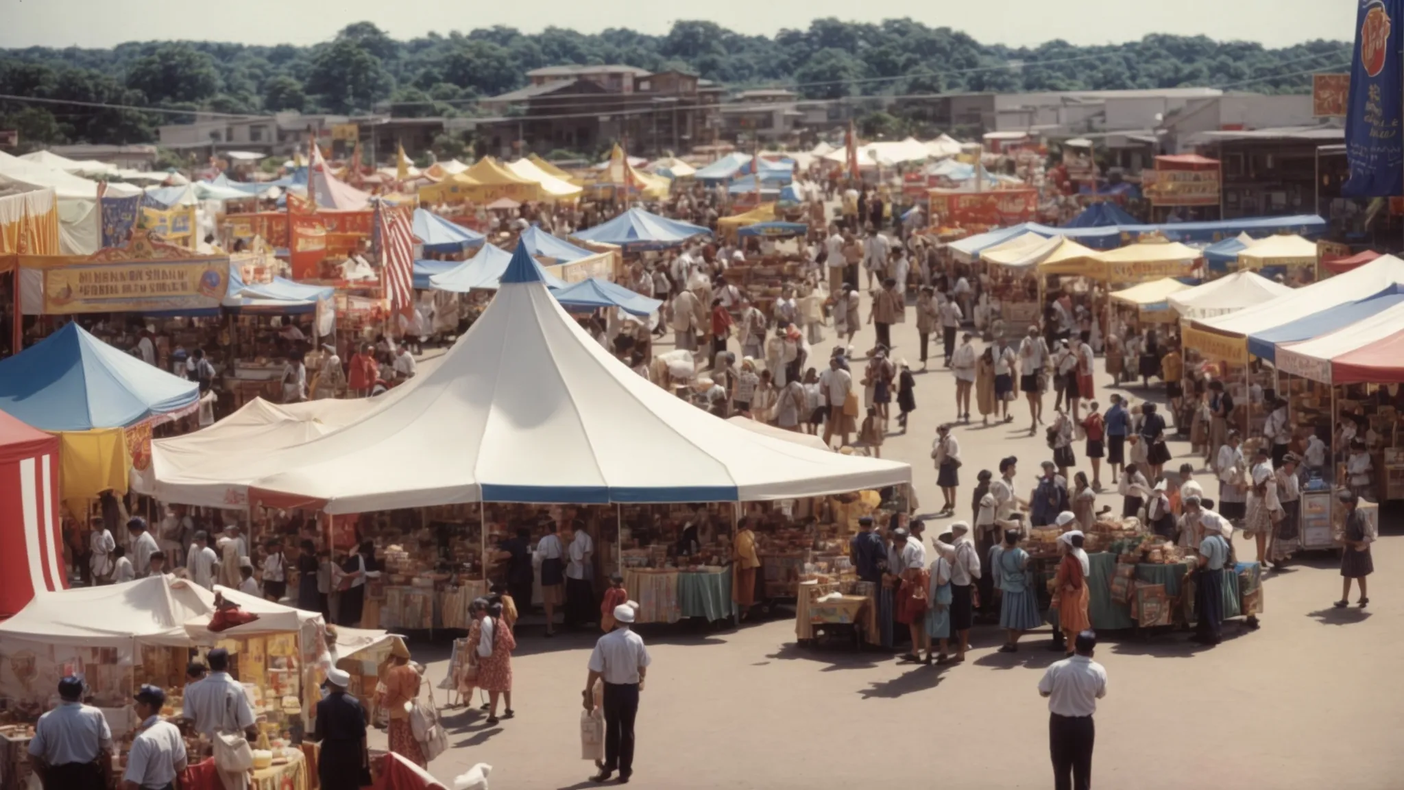 a bustling community fair with various local business booths connecting and engaging with residents under a sunny sky.