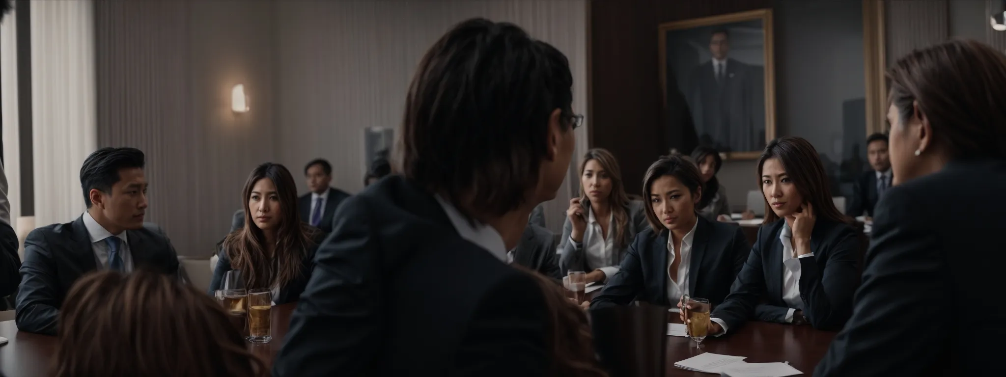 an image of a serious meeting with professionals from the finance, medical and legal sectors with no visible logos or text.