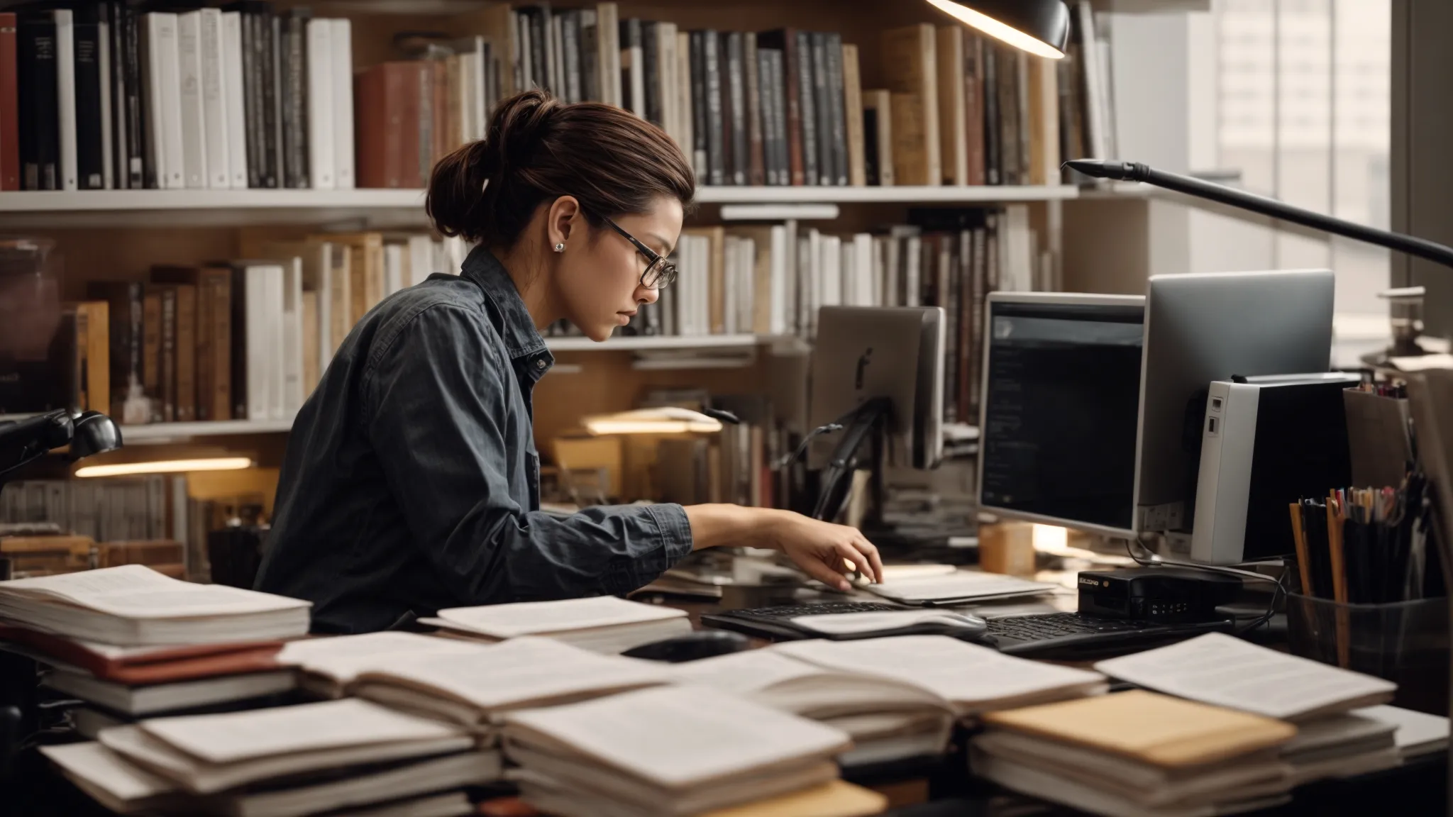a person working intently on a computer in a well-organized office space, surrounded by marketing and seo strategy books.