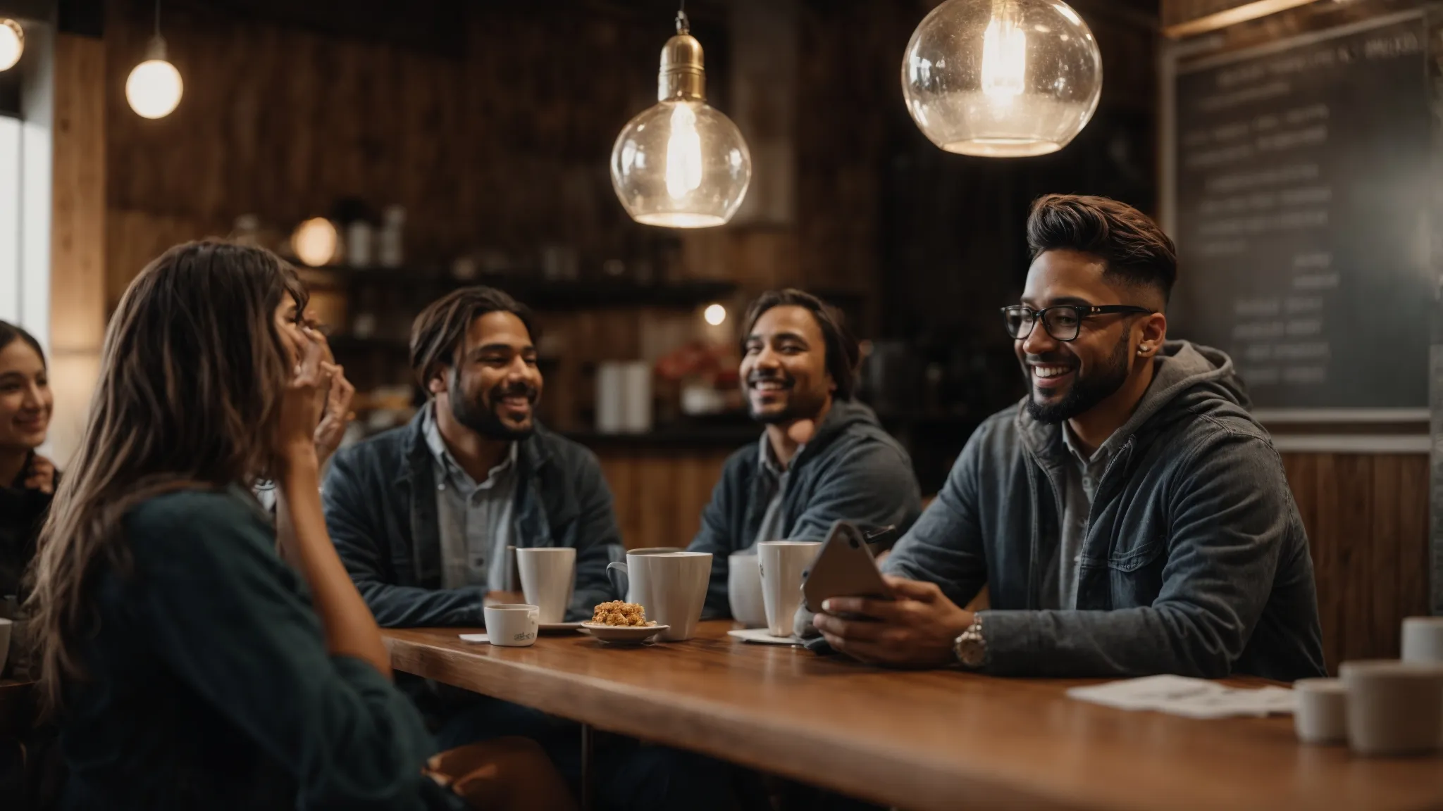a small business owner enthusiastically gives a presentation about community engagement strategies to a group of attentive local entrepreneurs in a cozy cafe setting.