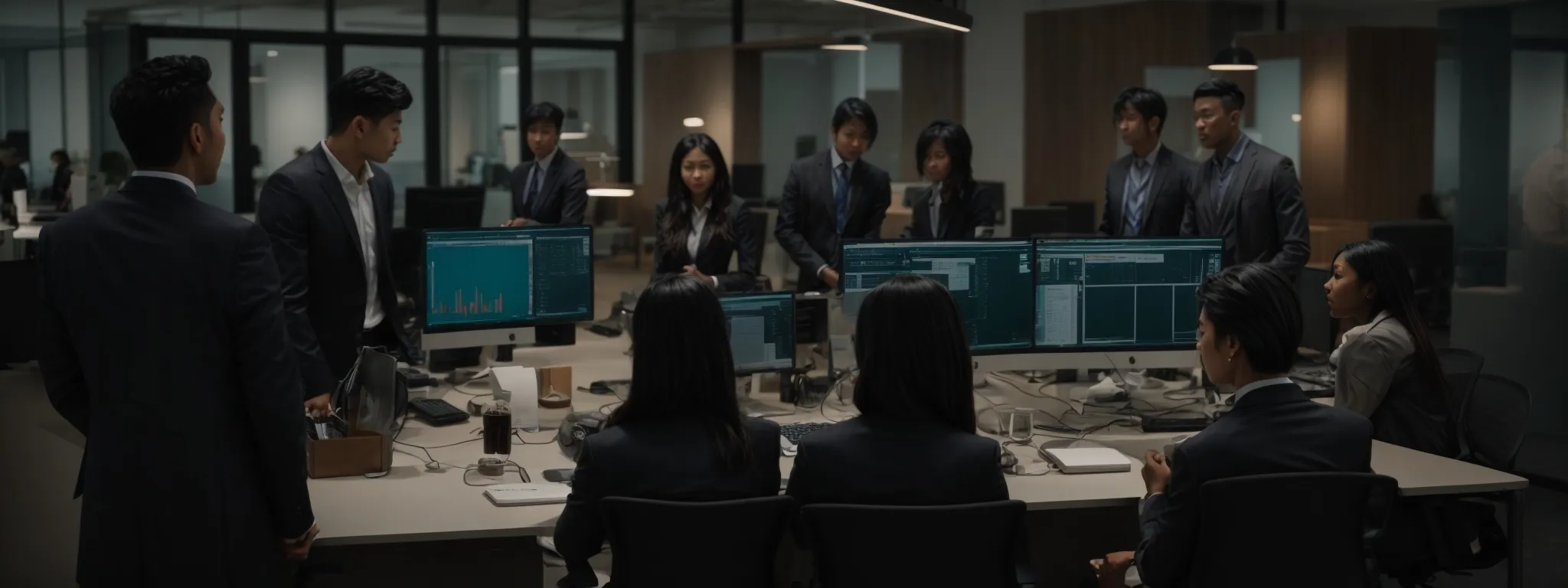 a diverse group of professionals discussing over a computer in a modern office setting.