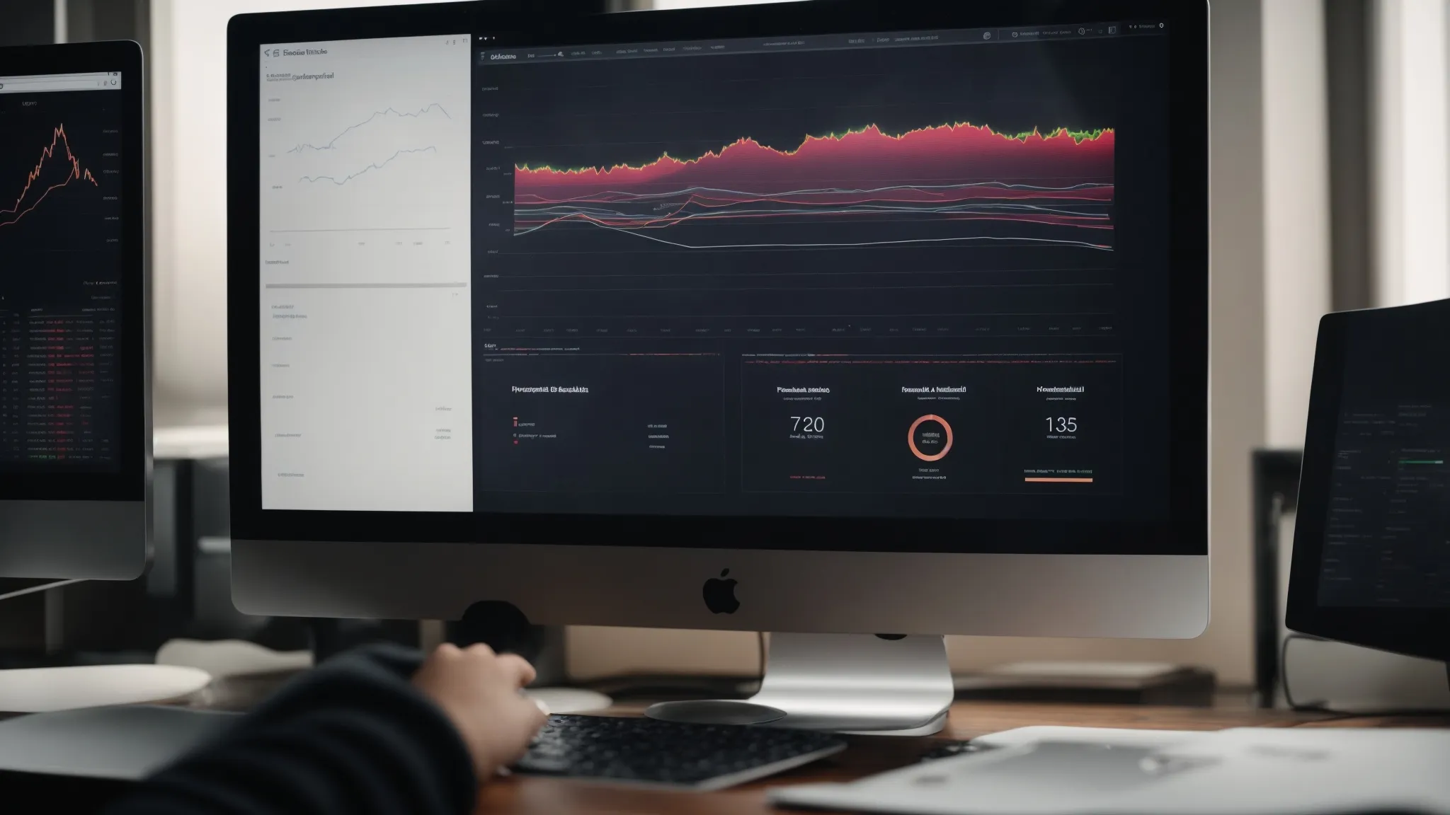 a person sitting in front of a computer screen, analyzing a graph that represents varying levels of readability scores on a website analytics dashboard.