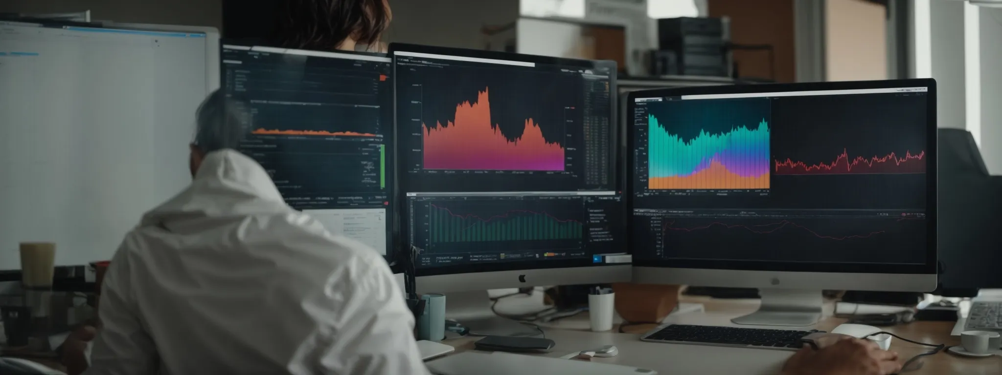 a person analyzing colorful seo performance data on a computer screen in a bright office environment.