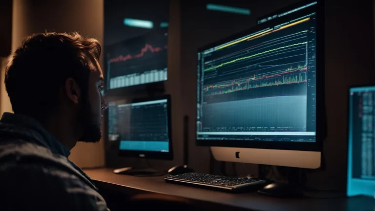 a focused individual gazes at a vibrant computer screen, analyzing graphs and keyword trends.