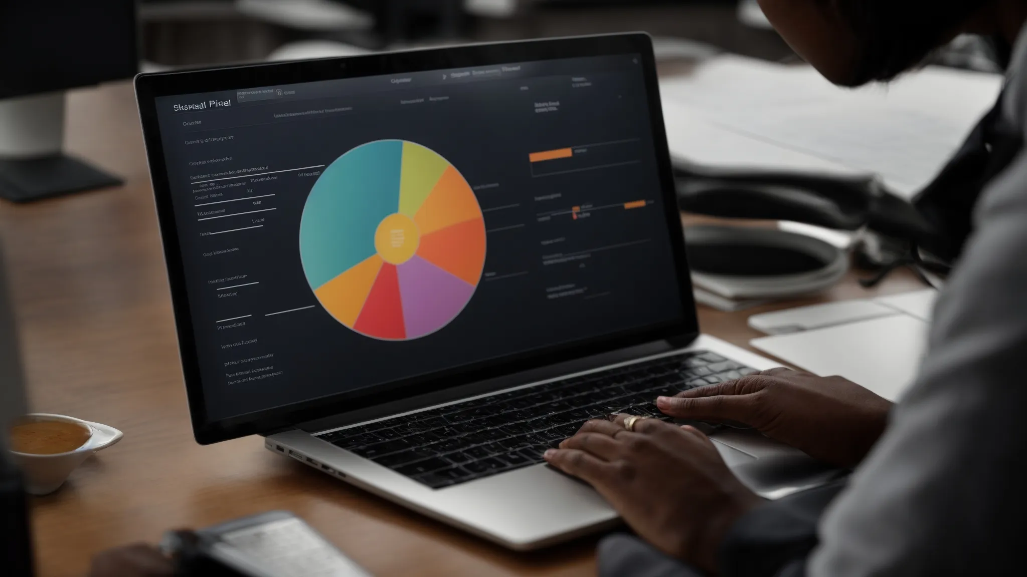 a business professional analyzing a pie chart representing different user search intents on a computer screen.